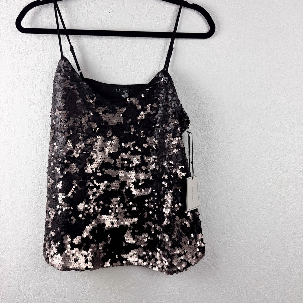 1.STATE Womens Sequin Camisole Top Black Champagne Gold V-Neck Size M NEW